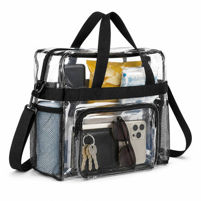 Items packed inside a 12x12x6 clear tote bag: snacks, phone, wallet, sunglasses, keys