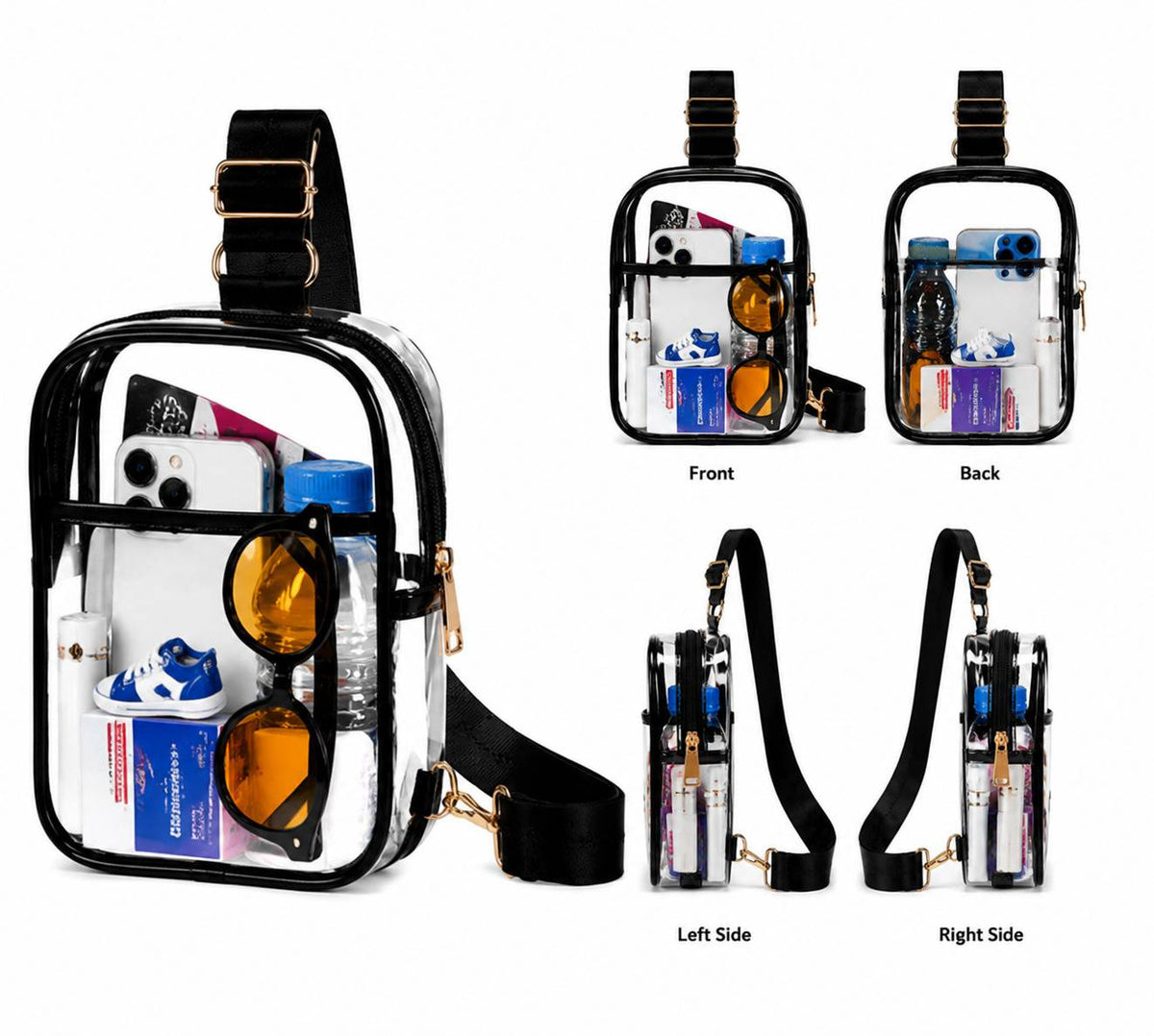 Front, back and side views of clear crossbody bag with black trim and adjustable strap