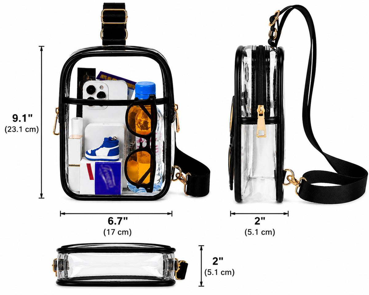 Dimensions diagram of clear crossbody bag measuring 9.1 by 6.7 by 2 inches