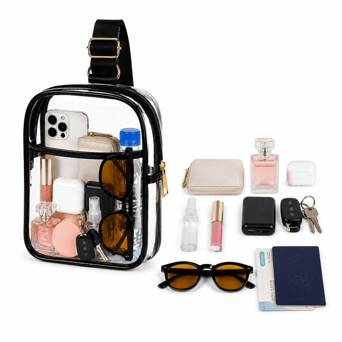 Clear crossbody bag laid flat beside a phone, sunglasses and small accessories