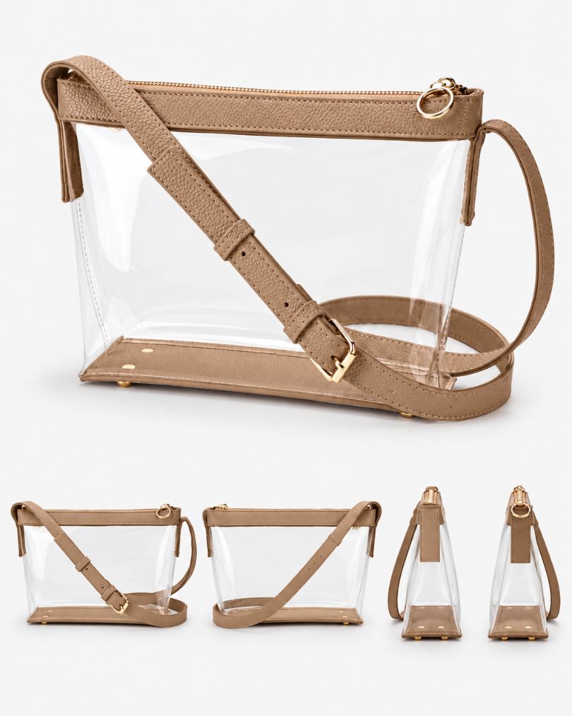 Beige clear purse shown from three-quarter, front, back and both side views on a white background