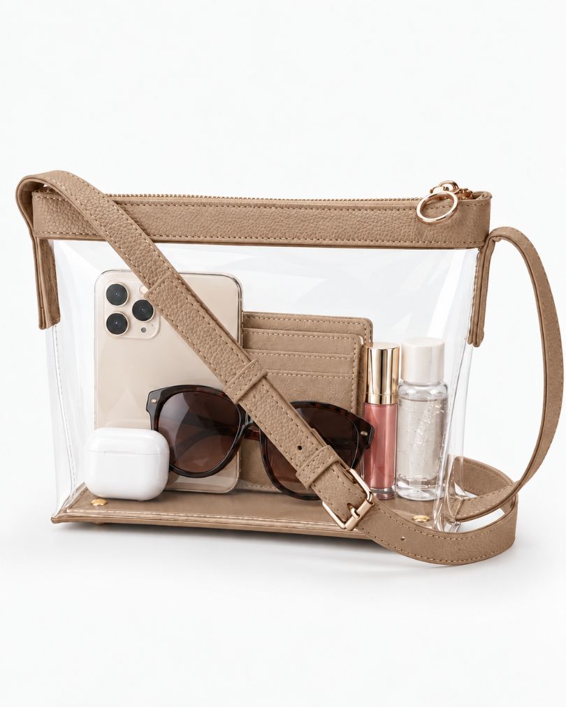 Beige clear purse packed with a large smartphone, a card wallet, sunglasses, an earbuds case, a lip gloss and a small bottle