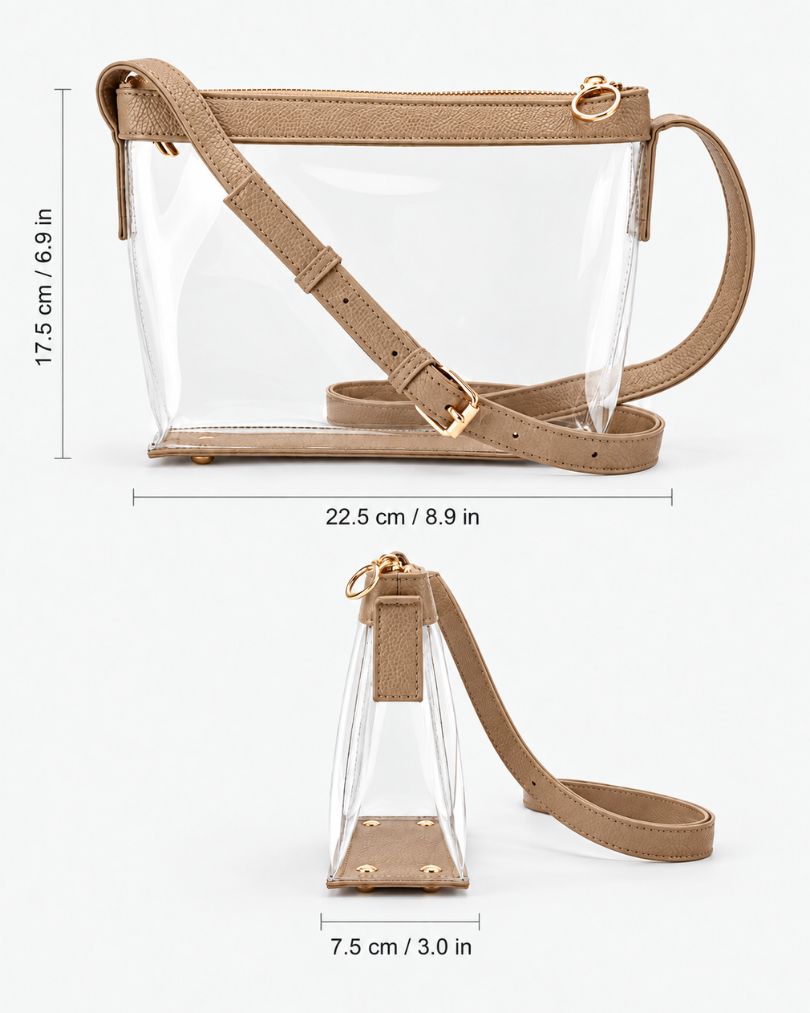 Beige clear purse size diagram showing 8.9 inches (22.5 cm) wide, 6.9 inches (17.5 cm) tall and 3 inches (7.5 cm) deep