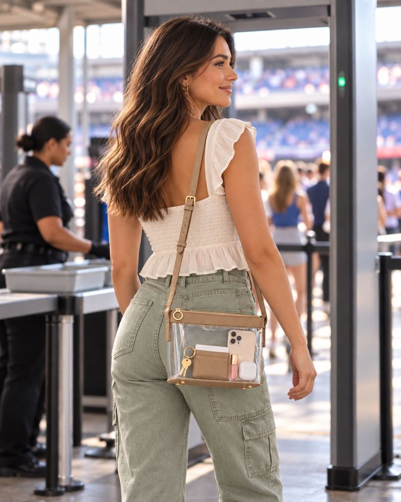 Woman wearing a beige clear purse crossbody at a stadium entry gate with a phone, card wallet, lip gloss, earbuds case and keys