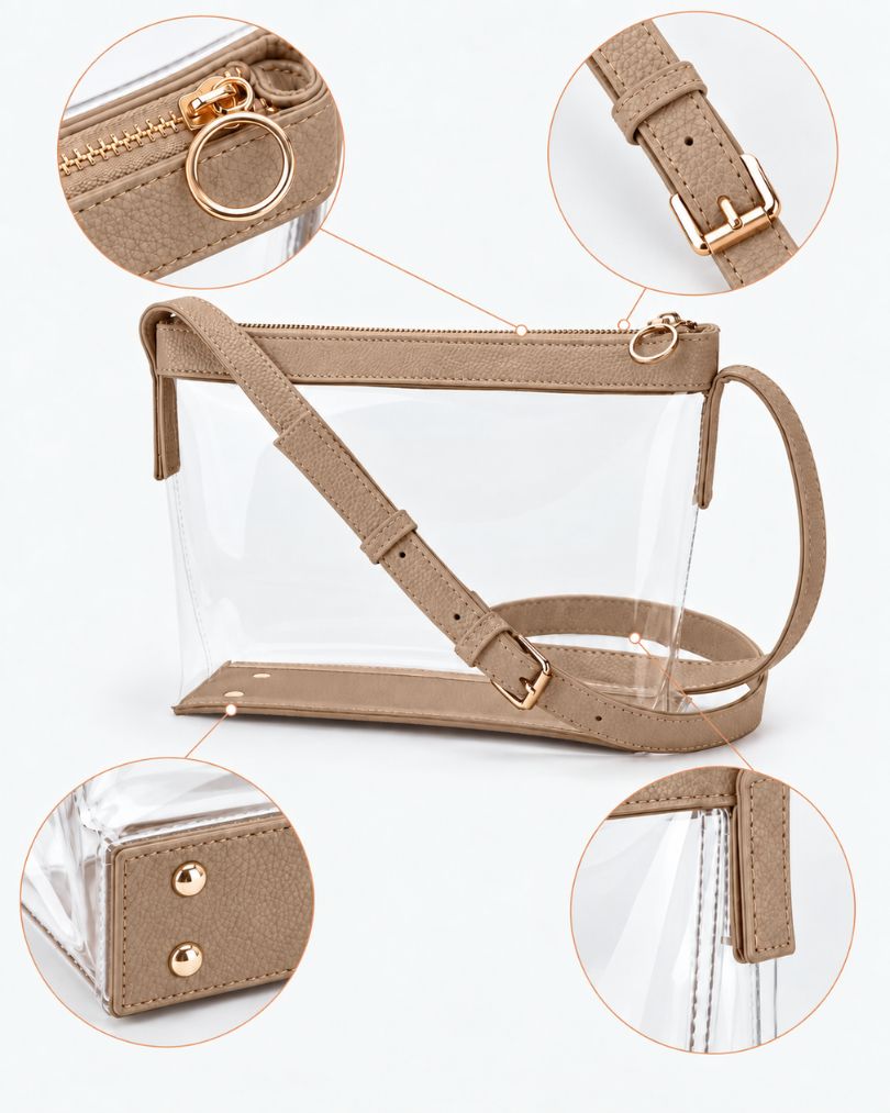 Beige clear purse details: gold-tone zipper and ring pull, strap buckle, base studs and a stitched vegan leather side tab