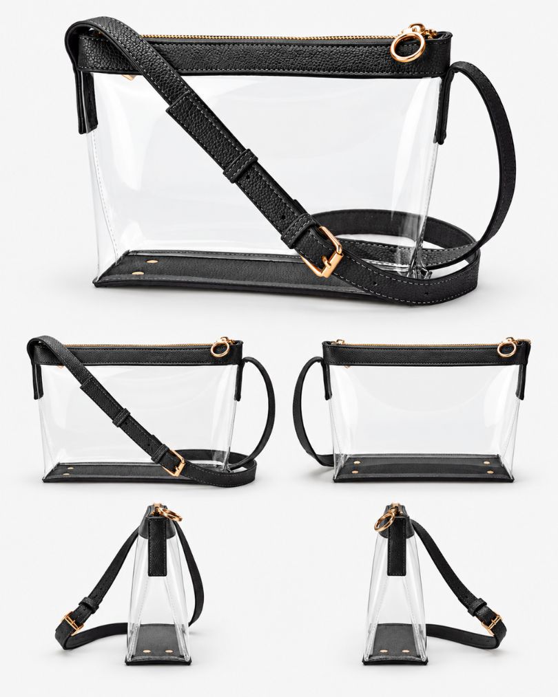Black clear purse shown from three-quarter, front, back and both side views on a white background