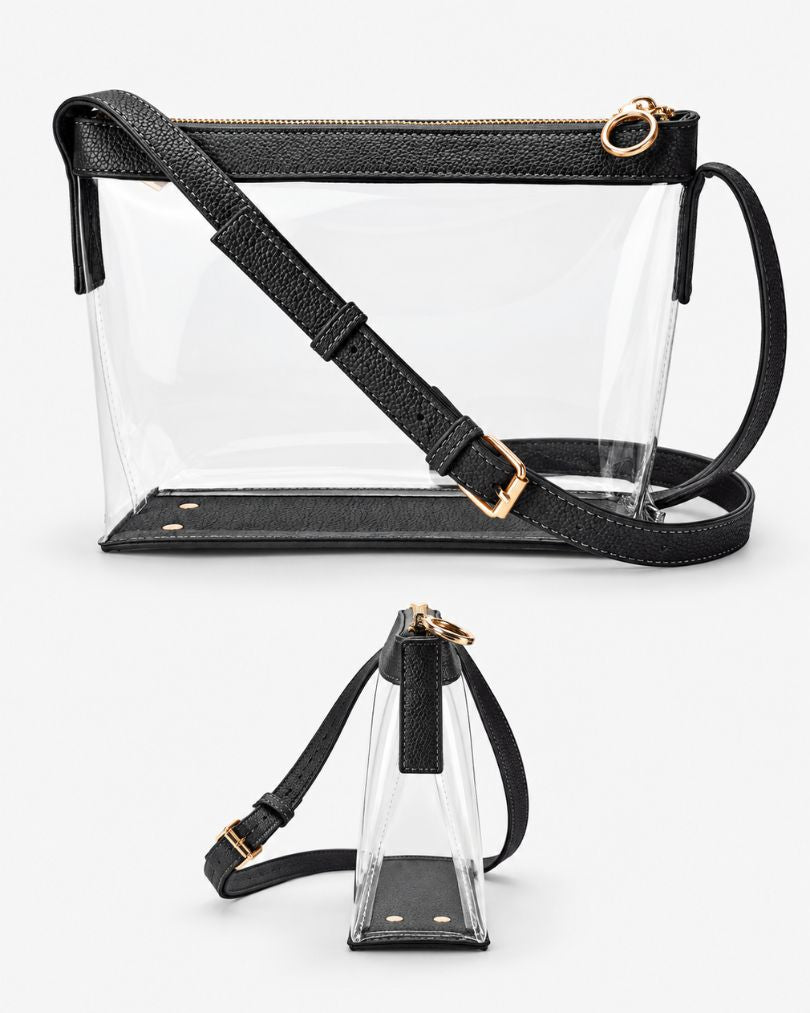 Black clear purse in a front view and a side view on a white background, showing the strap, gold-tone studs and flat base