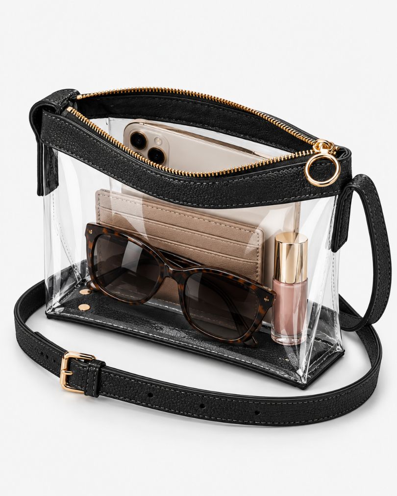 Black clear purse with the zipper open, packed with a smartphone, a card wallet, sunglasses and a small bottle, on white