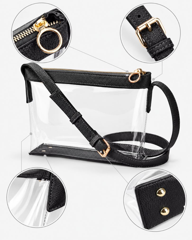 Black clear purse details: gold-tone zipper and ring pull, strap buckle, base studs and a stitched vegan leather side tab