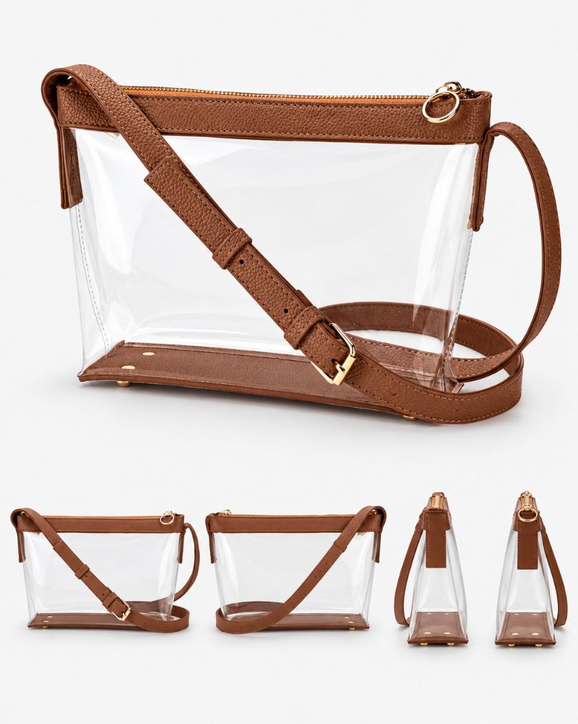 Brown clear purse shown from three-quarter, front, back and both side views on a white background