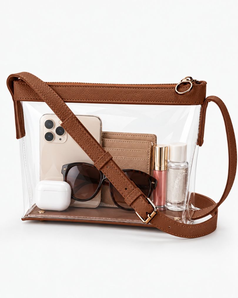 Brown clear purse packed with a large smartphone, a card wallet, sunglasses, an earbuds case, a lip gloss and a small bottle