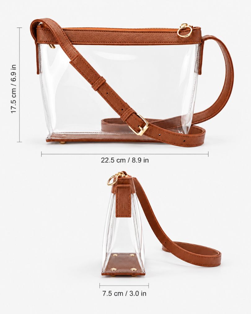 Brown clear purse size diagram showing 8.9 inches (22.5 cm) wide, 6.9 inches (17.5 cm) tall and 3 inches (7.5 cm) deep