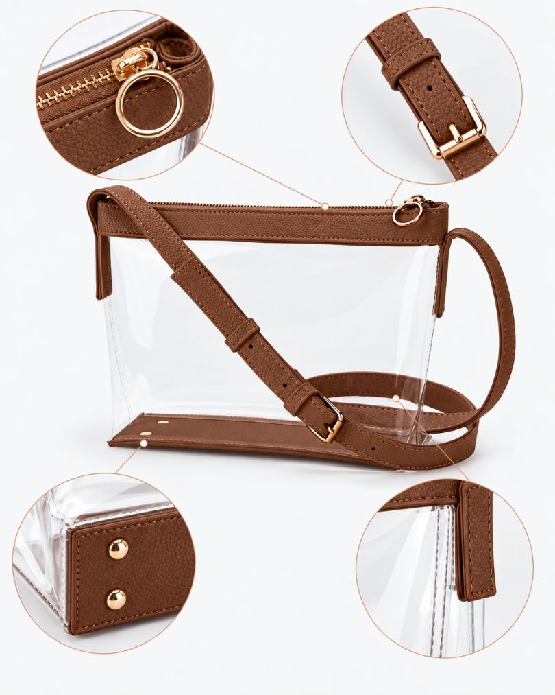Brown clear purse details: gold-tone zipper and ring pull, strap buckle, base studs and a stitched vegan leather side tab