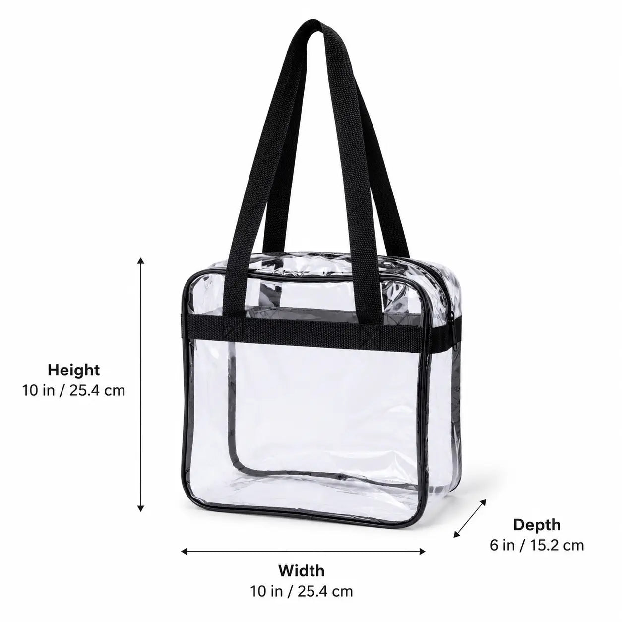 Clear plastic tote bag with black handles and trim, shown with dimension labels for height, width, and depth on a white background.