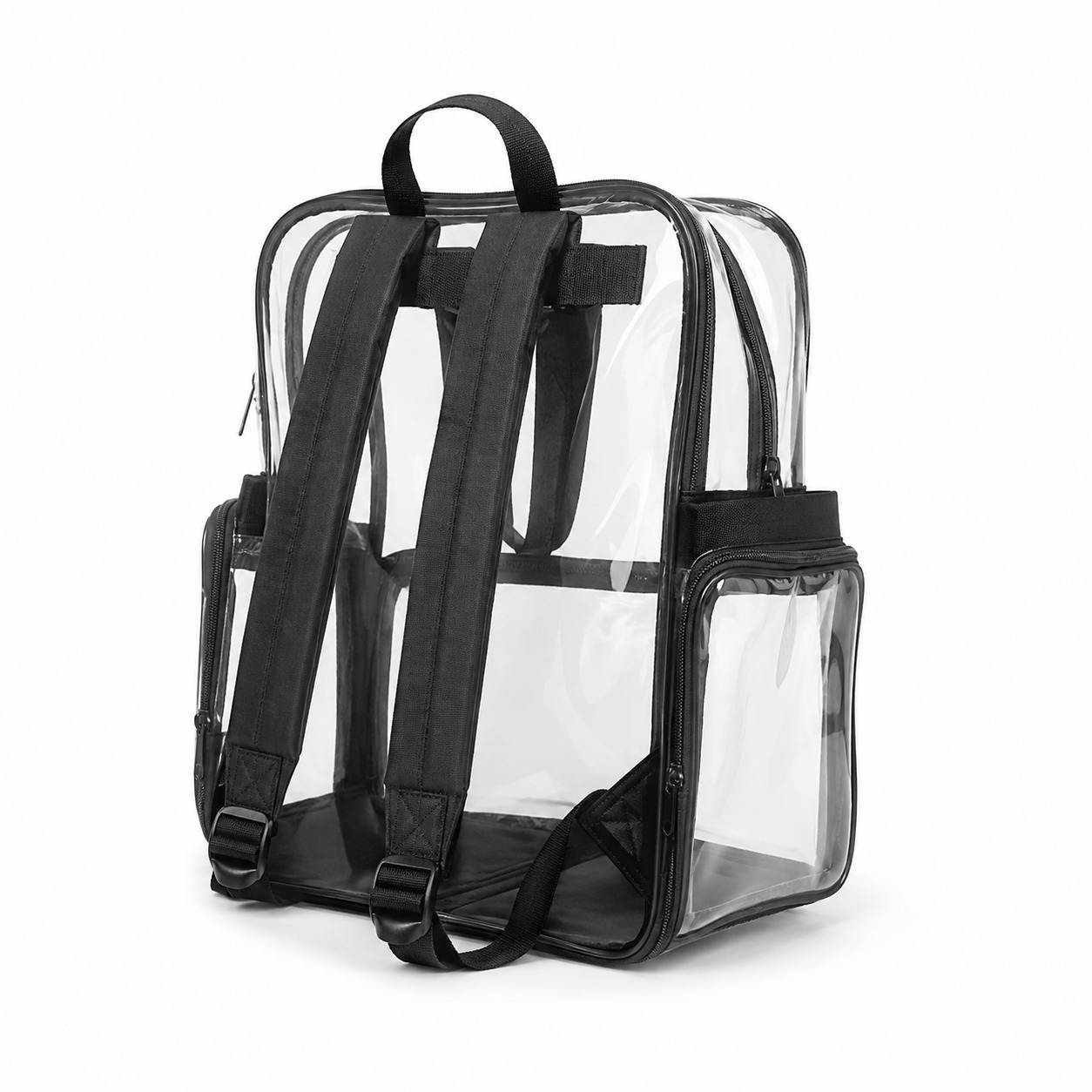 Back view of the clear backpack with cloth bottom showing the padded adjustable shoulder straps and top carry handle.