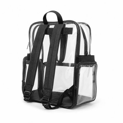 Back view of the clear backpack with cloth bottom showing the padded adjustable shoulder straps and top carry handle.