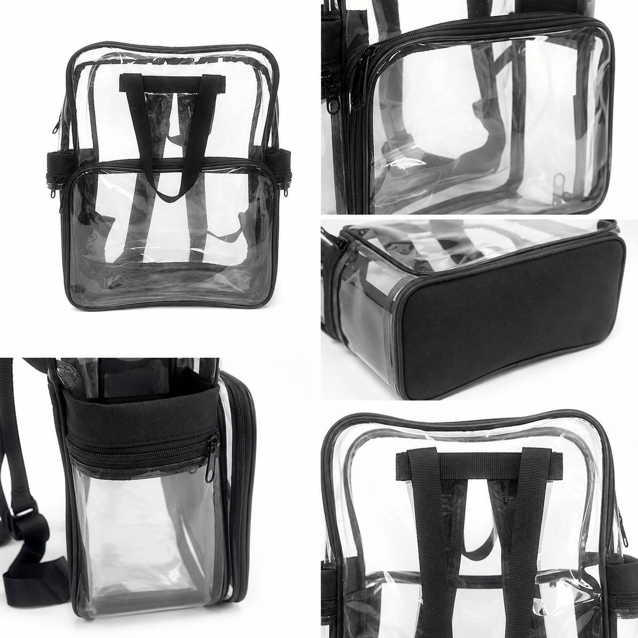 Close-up detail collage of the clear backpack showing the zipper stitching, cloth bottom panel, and top handle construction.