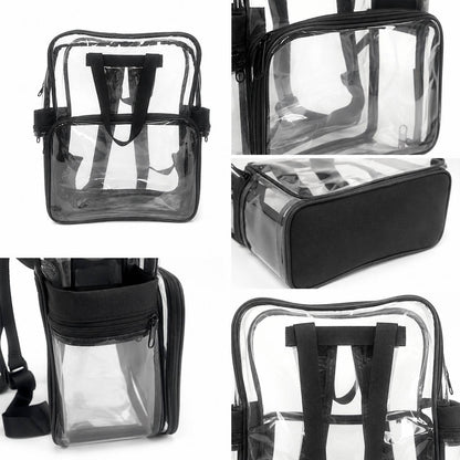 Close-up detail collage of the clear backpack showing the zipper stitching, cloth bottom panel, and top handle construction.