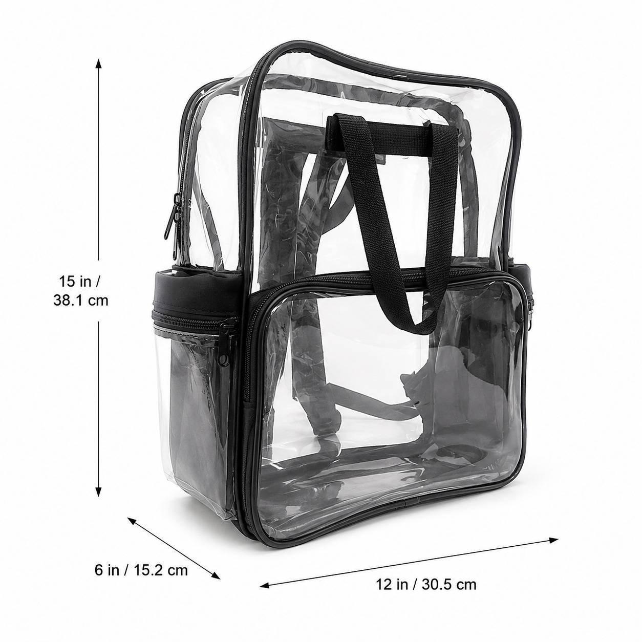 Dimension chart showing the clear backpack measuring 15 inches high, 12 inches wide, and 6 inches deep.