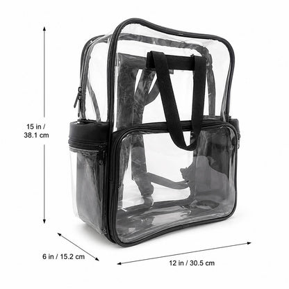 Dimension chart showing the clear backpack measuring 15 inches high, 12 inches wide, and 6 inches deep.