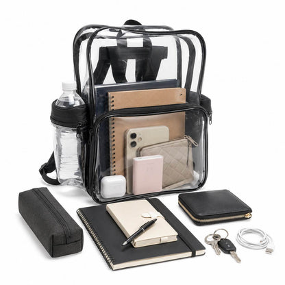 Clear backpack with cloth bottom shown packed and surrounded by a pencil case, notebook, wallet, keys, and charging cable.