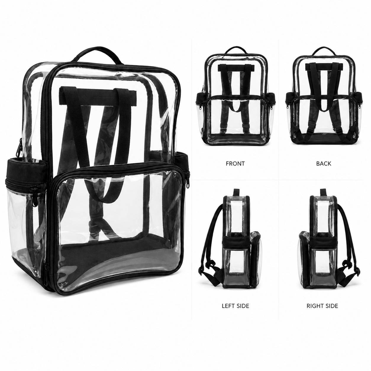Multi-angle grid of the clear backpack with cloth bottom showing the front, back, left side, and right side views.