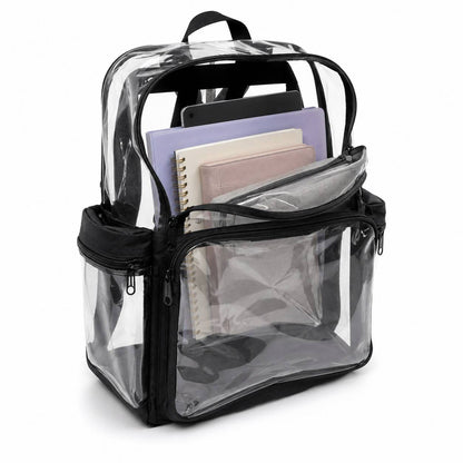 Clear backpack with cloth bottom shown with the front pocket unzipped and packed with a tablet, notebooks, and a zip pouch.