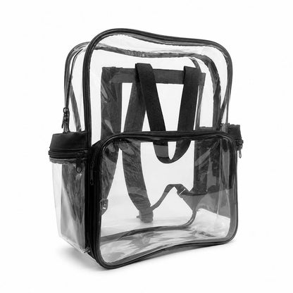 Side-angle view of the clear backpack with cloth bottom, showing the front zip pocket and side pocket.