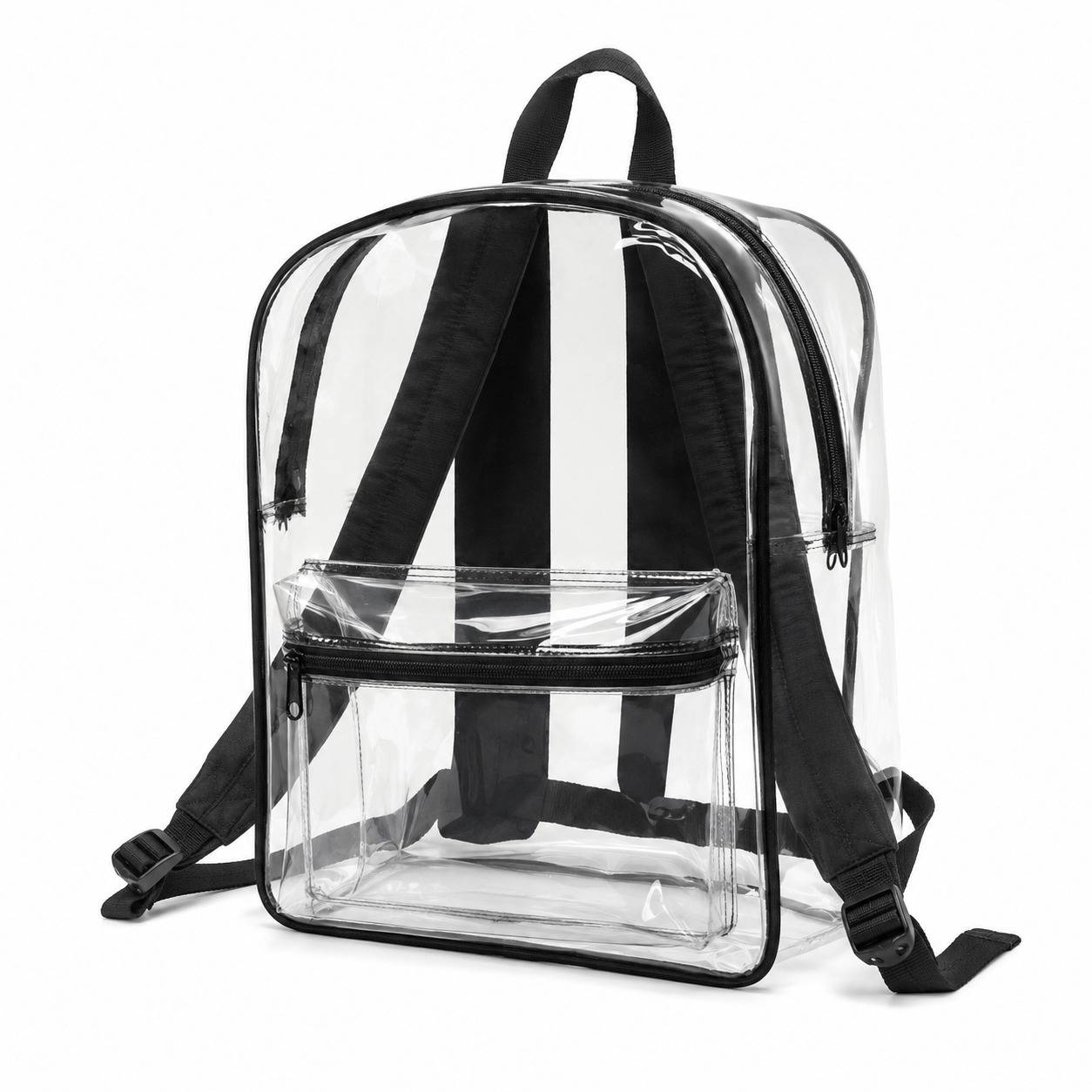 Clear backpack with black straps and trim, angled product view