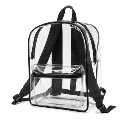 Clear backpack with black straps and trim, angled product view