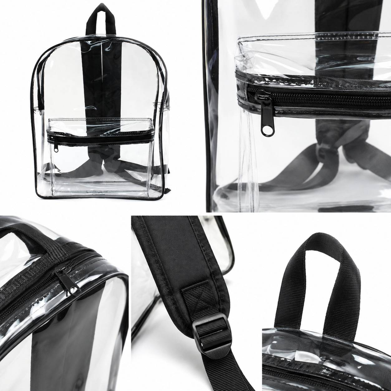Close-up details of a clear backpack: zipper pull, handle stitching, strap buckle, seam trim