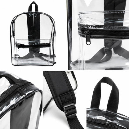 Close-up details of a clear backpack: zipper pull, handle stitching, strap buckle, seam trim