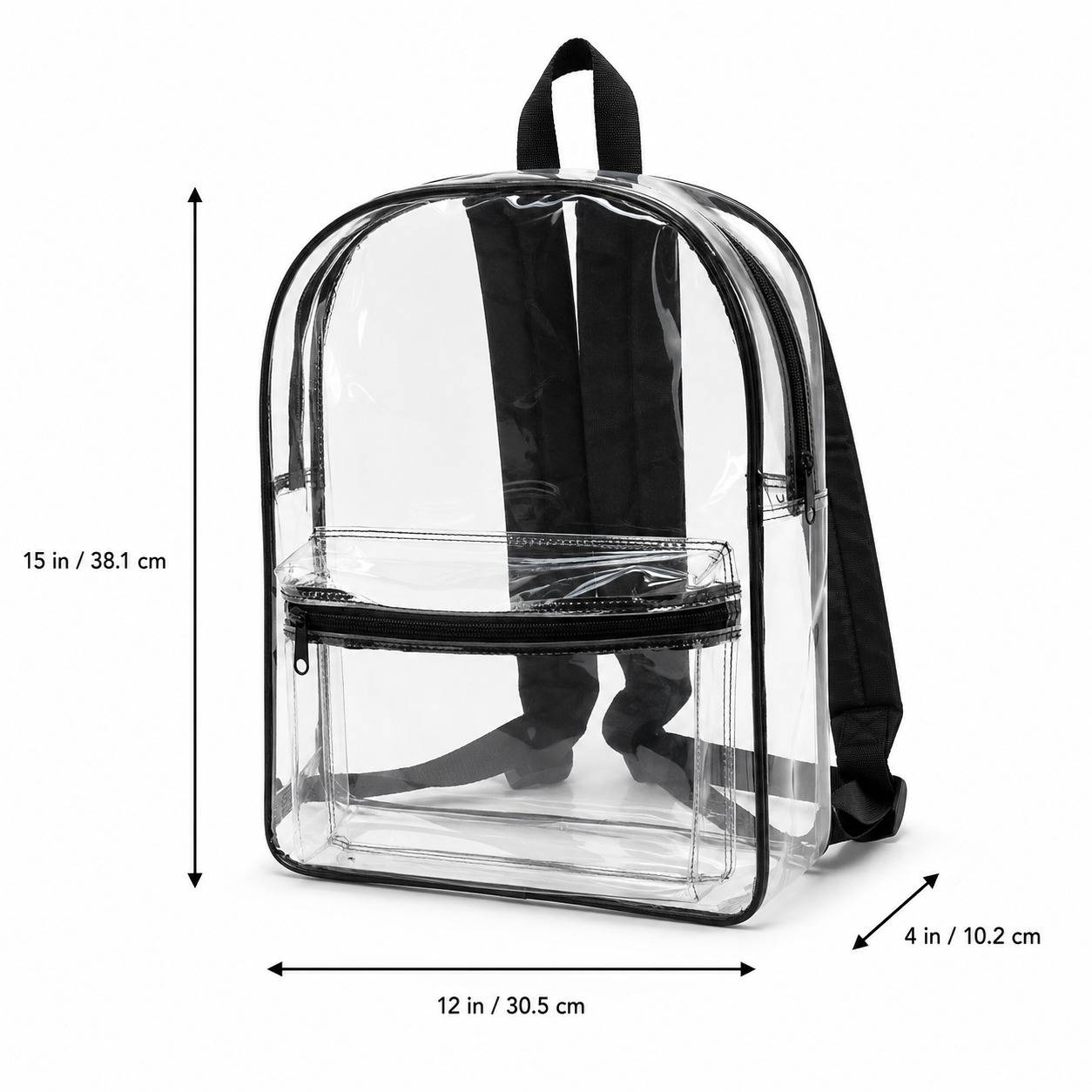 Clear backpack dimensions: 12 inches wide, 15 inches high, 4 inches deep