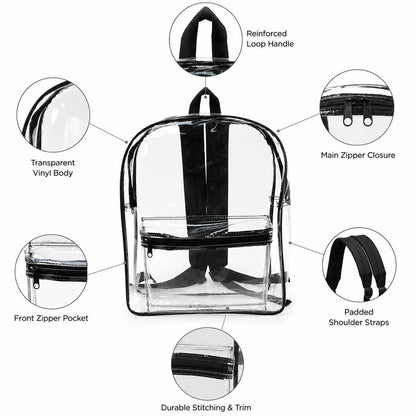 Clear backpack features: reinforced loop handle, main zipper, front pocket, padded straps, stitching