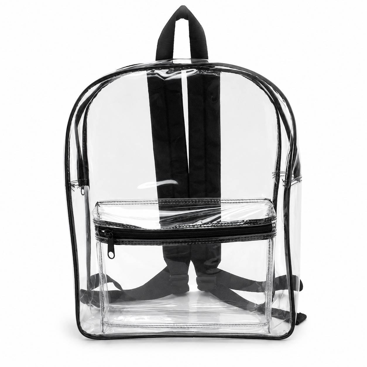 Clear backpack with black trim, front zipper pocket, and padded straps, empty front view