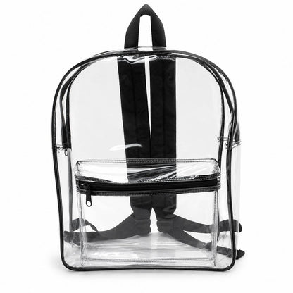 Clear backpack with black trim, front zipper pocket, and padded straps, empty front view