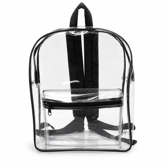 Clear backpack with black trim, front zipper pocket, and padded straps, empty front view