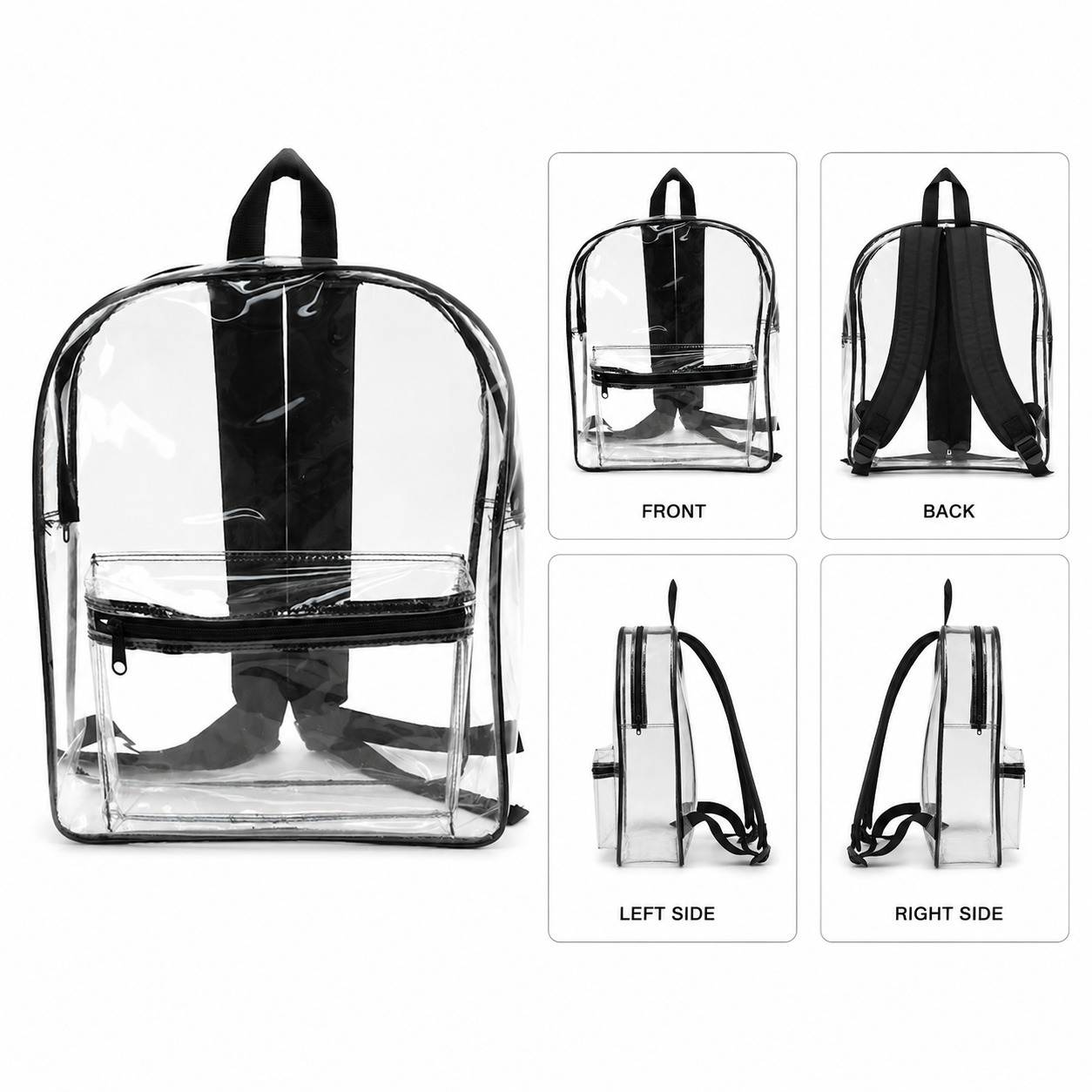 Clear backpack shown from front, back, left side, and right side