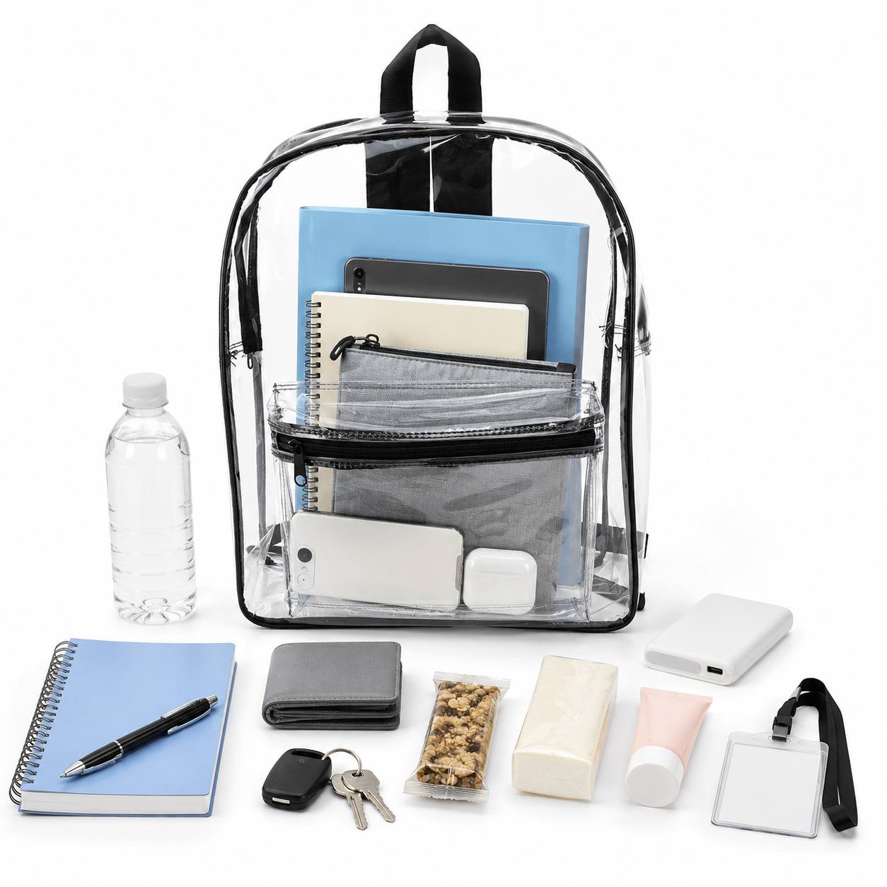 Items that fit inside a clear backpack: notebook, wallet, snacks, ID badge, power bank