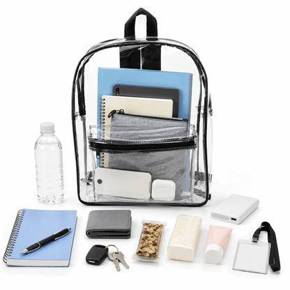 Items that fit inside a clear backpack: notebook, wallet, snacks, ID badge, power bank