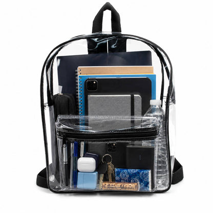 Items packed inside a clear backpack: notebooks, tablet, water bottle, keys, AirPods