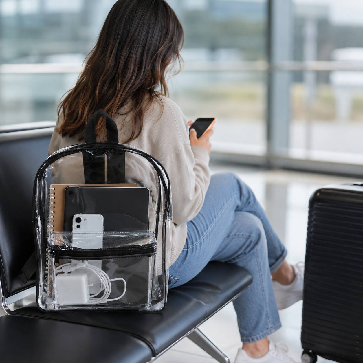 Woman with a clear backpack packed with travel essentials sitting near luggage