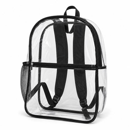 Clear backpack back view showing padded straps and mesh water bottle holder pocket