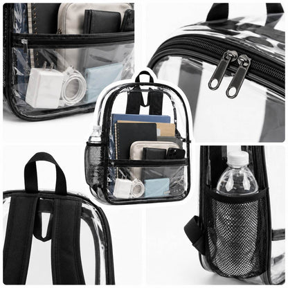 Close-up details of a clear backpack: zipper pull, strap stitching, mesh bottle holder, packed pocket
