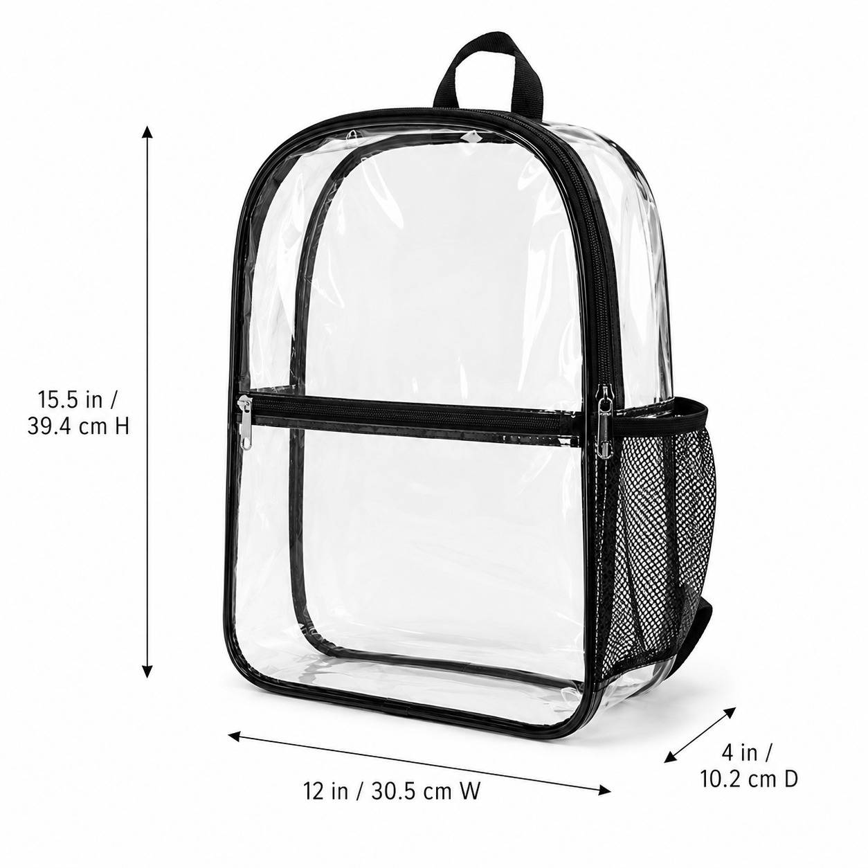 Clear backpack dimensions: 12 inches wide, 15.5 inches high, 4 inches deep