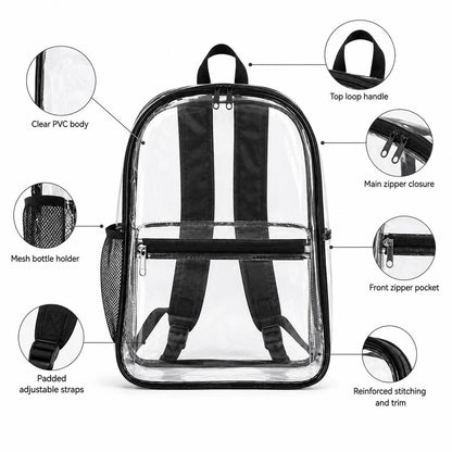 Clear backpack features: PVC body, top handle, zipper closure, front pocket, mesh bottle holder, padded straps