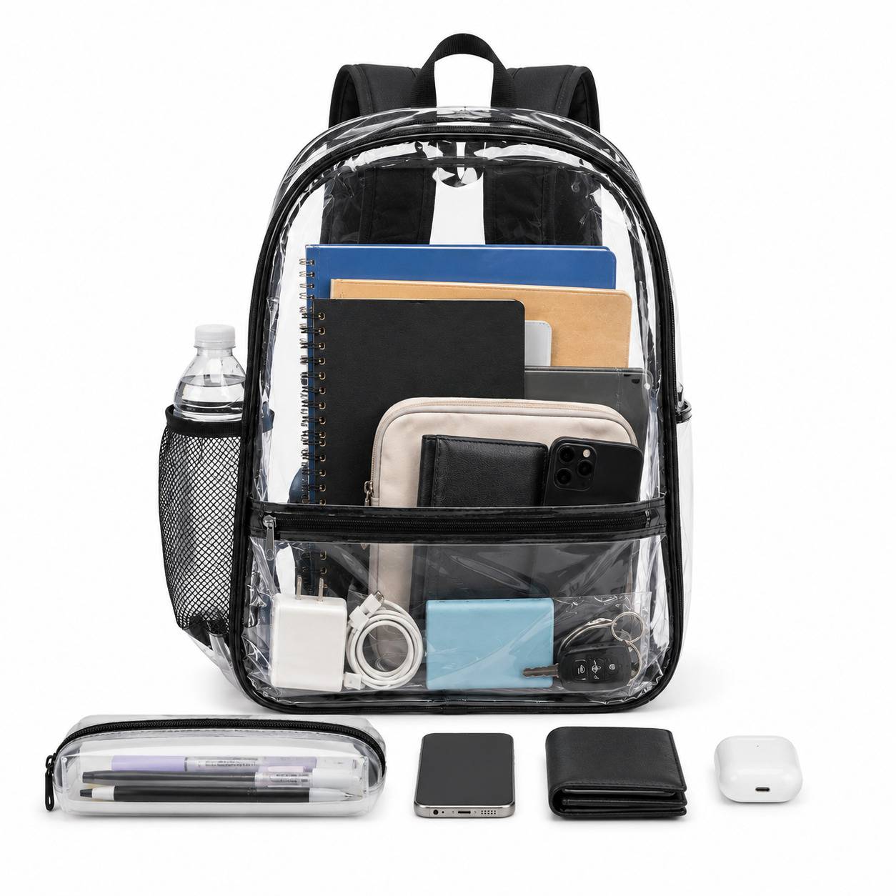 Clear backpack surrounded by AirPods, keys, wallet, notebooks, and a pencil case