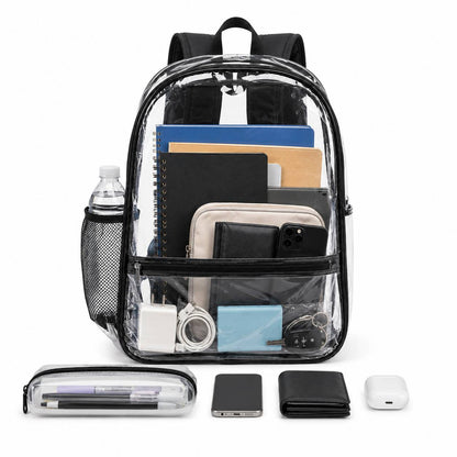 Clear backpack surrounded by AirPods, keys, wallet, notebooks, and a pencil case