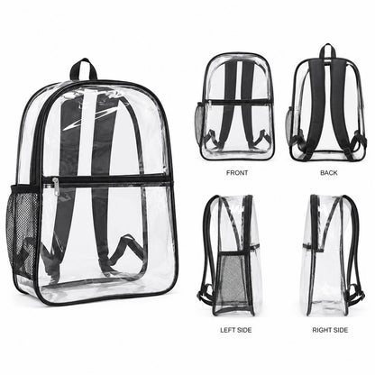 Clear backpack with water bottle holder shown from front, back, left side, and right side