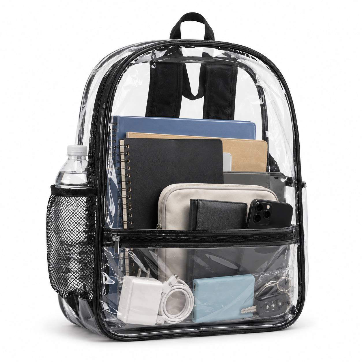 Clear backpack with notebooks, phone, wallet, and power bank visible inside